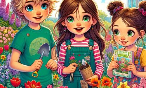 In einem blühenden Garten sind drei Kinder versammelt. Mia, ein 8-jähriges Mädchen mit langen braunen Haaren und strahlenden Augen, steht in der Mitte und hält eine kleine Plastikscharre. Rechts von ihr lächelt Luca, ein 9-jähriger Junge mit zerzausten blonden Haaren und einem grünen T-Shirt, während er einen Beutel mit Samen hält. Links beobachtet Emma, ein 7-jähriges Mädchen mit Zöpfen und einem bunten Kleid, fasziniert die Blumen und hat ein Skizzenbuch in der Hand. Der Garten ist voller lebendiger Farben: rote Tulpen, gelbe Narzissen und lila Flieder, während ein klarer blauer Himmel über ihnen schwebt. Schmetterlinge fliegen um die Blumen und eine kleine Biene summt fröhlich. Die Kinder pflanzen zusammen Samen, lachen und sprechen über ihr Gartenprojekt, gespannt darauf, die Blumen im Frühling erblühen zu sehen.