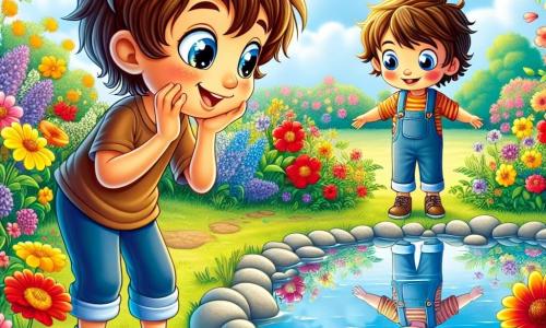 A 6-year-old boy named Oliver, with messy brown hair and star-like bright eyes, stands by a peaceful pond. His face radiates curiosity and joy, his cheeks flushed with excitement as he gazes at his reflection in the water, a big smile lighting up his face. Nearby, colorful flowers sway gently in the breeze, their vibrant red, yellow, and purple petals seeming to whisper secrets to Oliver, adding a touch of magic to the scene. The setting is an enchanting garden filled with multicolored flowers, lush greenery, and a blue sky dotted with fluffy white clouds. The pond is surrounded by smooth, shiny stones reflecting the sunlight. The main focus shows Oliver discovering happiness while looking at his reflection, surrounded by nature's beauty, as the flowers murmur sweet words, creating an atmosphere of peace and magic.