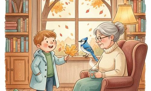 An 8-year-old boy, happy and wide-eyed with a round freckled face, wearing a light blue coat open over a green sweater and a green hat beside him, offers a large golden autumn leaf to his grandmother, a gentle ~70-year-old woman with gray hair in a bun, cream sweater and glasses, seated in a velvet armchair by a warm lamp; she receives the leaf with one hand while holding a cup of hot chocolate in the other, looking at him affectionately. A vivid blue jay perches on the outside railing seen through the large window, head tilted as if watching. The cozy interior is a small reading room with wooden bookshelves of colorful books, a rust shag rug, warm lamp light and a window showing red, orange and yellow autumn trees with falling leaves. The scene is a tender, calm autumn moment rendered in a soft watercolor palette with warm ochre, brick and gentle blues, close composition centered on the two figures and the window.