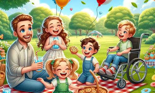 Lily, a 7-year-old girl with long curly brown hair, is sitting on a large red and white checkered blanket, smiling with sparkling eyes. Next to her is her father, a man in his thirties with a light beard and a warm smile, holding a glass of lemonade. Mia, a 6-year-old girl with blonde pigtails, is placing a basket filled with cookies on the blanket, her face beaming with excitement. Sam, an 8-year-old boy with brown hair and glasses, is standing and tossing a ball in the air, ready to play. Oliver, a 7-year-old boy in a wheelchair, is nearby, surrounded by colorful balloons, laughing and holding a decorated sign for Father's Day. The scene takes place in a green park with large trees and colorful flowers swaying in the wind. The sky is blue and sunny, creating a joyful and festive atmosphere. The main situation shows the children celebrating Father's Day with a surprise picnic, surrounded by laughter and happiness, sharing precious moments together.