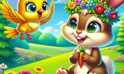 Un pequeño conejo llamado Rabo, con un pelaje suave y marrón, grandes orejas y ojos brillantes de curiosidad, está sentado en una colina verde, sonriendo con alegría. Lleva una corona de flores coloridas en la cabeza y sostiene una zanahoria con sus patas delanteras. A su lado, un pájaro amarillo brillante llamado Pío, con un pico afilado y plumas brillantes, vuela alegremente alrededor de Rabo, cantando una melodía animada, su rostro radiante de felicidad. Más lejos, una pequeña ardilla llamada Lila, con pelaje rojo y una cola esponjosa, está recogiendo flores, su expresión llena de entusiasmo. El lugar es un hermoso campo primaveral, salpicado de flores brillantes de todos los colores, bajo un cielo azul claro con algunas nubes blancas y esponjosas. Los árboles majestuosos bordean el campo, sus hojas verdes vibrantes en la suave brisa. La escena principal muestra a Rabo y sus amigos celebrando la belleza de la primavera, rodeados de flores, riendo y compartiendo momentos de alegría, mientras el sol brilla cálidamente sobre ellos.