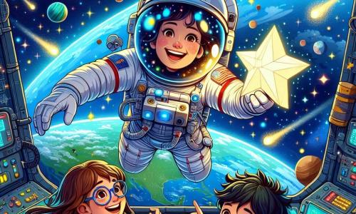 Un astronaut, un bărbat de aproximativ 30 de ani, cu o cască strălucitoare și un costum spațial alb cu accente albastre, plutește fericit în spațiu, fața lui radiază de bucurie și uimire. Este înconjurat de numeroase stele strălucitoare și de o priveliște magnifică a Pământului, albastru și verde, în fundal. Aproape de el, o fetiță, Maria, în vârstă de 8 ani, cu părul lung și brunet și ochelari, privește cu ochii mari, ținând în mâini o stea din hârtie. Ea este suspendată în interiorul unei capsule spațiale, înconjurată de panouri de control luminoase. Un alt băiat, Mihai, în vârstă de 9 ani, cu părul negru și zburlit și un zâmbet larg, se află lângă Maria, arătând cu degetul o stea căzătoare care traversează cerul. Scena se desfășoară în imensitatea spațiului, cu planete colorate și nebuloase strălucitoare în fundal, creând o atmosferă magică și inspiratoare. Astronautul își împărtășește visul de explorare spațială cu copiii, arătându-le frumusețea universului și încurajându-i să creadă în propriile vise.