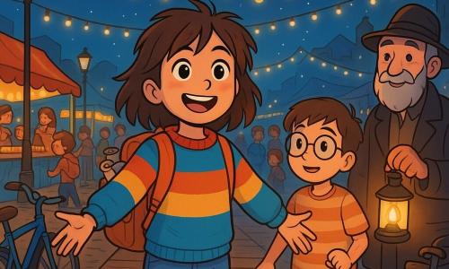 A 10-year-old girl named Mira stands at the center of a bridge made of wooden planks and bicycles, with a radiant smile and sparkling eyes full of determination. She has messy brown hair, a colorful sweater, and a backpack filled with treasures. Next to her, a boy her age, wearing round glasses and a striped t-shirt, holds a small lantern illuminating his curious face. A gray-bearded lamplighter, wearing a felt hat, stands slightly back, smiling and holding a lit lamp, ready to light the way. The scene is a lively esplanade lined with twinkling streetlights and colorful market stalls, where strings of lights dance in the wind. People of all ages gather around them, creating a warm and festive atmosphere. The main situation shows Mira, full of energy and joy, inviting passersby to cross the bridge, while children laugh and play around her, sharing stories and smiles under a starry sky.