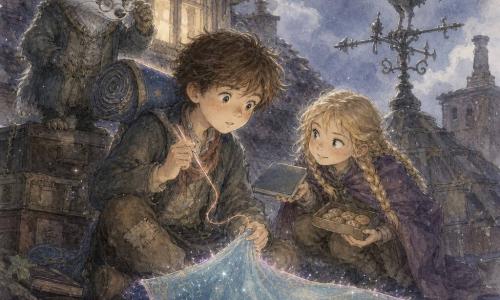 A young apprentice wizard boy with a round, freckled face and messy brown hair, eyes determined and awed, carries a sky-blue flying carpet rolled on his shoulder and sews it with a shining needle and dawn-colored thread while a mischievous, attentive 12-year-old girl with braided blonde hair crouches beside him offering a small spellbook and a box of cookies; a Ravelmink—a badger-like creature with glasses and velvety gray-green fur—watches from a crate with a critical but kind air, all on the roof of an old school where a rusted iron weathercock rooster gleams under the moon amid worn tiles, a wooden dormer and dusty trunks, as soft moonlight, silver sparks and the carpet’s faint vibrations signal it coming back to life.