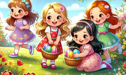Four three-year-old girls, Lily, Mia, Sarah, and Zoe, are gathered in a sunny park. Lily, with brown hair and a pink dress, smiles while holding a basket filled with colorful eggs. Mia, with blonde hair and a yellow dress, jumps with joy showing a shiny blue egg she just found. Sarah, with red hair and a green dress, crouches down to search for an egg hidden behind a flowering bush. Zoe, with black hair and a purple dress, laughs while holding a sparkling pink egg. The park is filled with colorful flowers, and the four friends are on an Easter egg hunt, searching for hidden eggs with expressions of joy and excitement on their faces.
