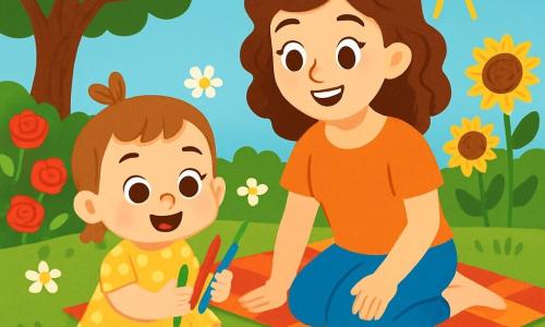 Una bambina di 2 anni, Sofia, con grandi occhi luminosi e un sorriso radioso, è seduta sull'erba verde del giardino. Indossa un vestito giallo a pois e tiene in mano dei pastelli. Accanto a lei, sua madre, una donna di circa 30 anni con capelli castani e ricci, sorride mentre la osserva, seduta su una coperta da picnic colorata. Il giardino è pieno di fiori vivaci, con rose rosse, girasoli gialli e margherite bianche che danzano al vento. Un grande albero ombreggiato si erge sullo sfondo, le cui foglie verdi creano un dolce riparo. Sofia e sua madre stanno disegnando insieme, circondate da fogli di carta e pastelli colorati, mentre il sole splende alto nel cielo blu, creando un'atmosfera gioiosa e estiva.