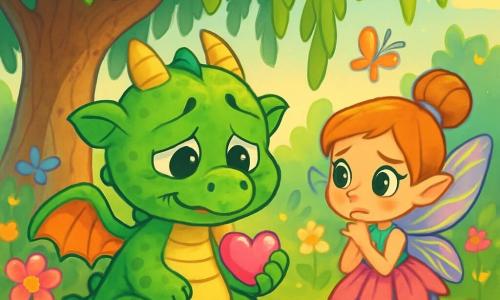 Ziggy, a small dragon with shiny green scales and big round eyes, is sitting under a large willow tree, wearing a gentle smile but looking a bit tired. He holds a heart-shaped stone that sparkles in the sun, reflecting his joy mixed with a hint of sadness. Next to him, Poppy, a small fairy with translucent colorful wings, has a worried expression on her face. She wears a dress made of flower petals and looks at Ziggy tenderly, ready to help him. The setting is an enchanted garden filled with vibrant flowers, fluttering butterflies, and soft golden light filtering through the tree leaves. The main scene shows Ziggy and Poppy sharing a moment of closeness, with juicy fruits in front of them, as Ziggy explains to Poppy that he feels a bit sick but is happy to be with his friend.