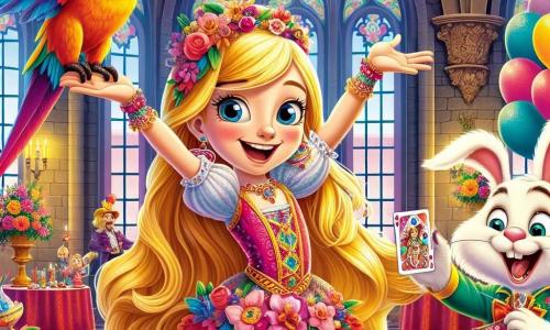 A princesa Clara, uma menina de cerca de 10 anos, tem cabelos dourados que brilham como o sol e olhos cheios de malícia. Ela usa um vestido colorido decorado com flores e um sorriso radiante, enquanto se encontra no centro de um grande salão de castelo, levantando os braços com entusiasmo, pronta para anunciar o início da festa. Ao seu lado, o papagaio Pepe, um pássaro de penas multicoloridas, está empoleirado em seu ombro, rindo e contando uma piada com uma expressão travessa. Um pouco mais adiante, o travesso Tob, um jovem coelho branco com grandes orelhas, executa um truque de mágica, segurando uma carta de baralho com as patas da frente, com um ar concentrado, mas divertido. O local é um magnífico castelo com paredes de pedra adornadas com guirlandas de flores coloridas, janelas de vitral que deixam passar raios de luz que dançam sobre o chão de mármore. Balões coloridos flutuam ao redor e mesas estão repletas de deliciosas guloseimas. A cena principal mostra Clara, cheia de energia, anunciando a "Festa dos Risos" a todos os convidados, enquanto risadas e alegria preenchem o ar, criando uma atmosfera mágica e festiva.