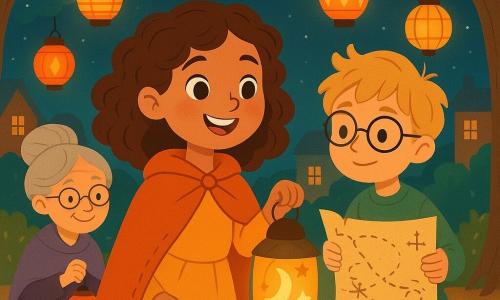 Uma menina de 8 anos, Lara, com um sorriso radiante e cabelos castanhos cacheados, veste uma capa laranja costurada por ela mesma. Ela segura uma lanterna decorada com desenhos de lua e estrelas, seu rosto brilhando de alegria e curiosidade. Ao lado dela, um menino de 9 anos, Tiago, com óculos redondos e cabelos loiros despenteados, segura um mapa de caça ao tesouro, com ar concentrado e entusiasmado. Perto de Lara, uma senhora idosa, dona Rosa, com cabelos grisalhos em coque e óculos no nariz, sorri suavemente enquanto pendura lanternas nos galhos de uma árvore. A cena se passa em uma praça de aldeia, iluminada por lanternas coloridas penduradas nas árvores, com um pequeno coreto no centro rodeado de folhas de outono douradas. A situação principal mostra Lara e seus amigos reunidos em torno de um círculo de lanternas brilhantes, criando uma atmosfera acolhedora e mágica sob um céu estrelado.