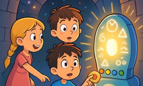 Há 3 personagens: - Lucas: um garoto de 9 anos com cabelo castanho bagunçado, vestindo uma camiseta azul e um short verde. Ele está em pé no centro, com os olhos arregalados de curiosidade. - Sofia: uma menina de 9 anos com cabelo loiro trançado, vestindo um vestido rosa e sandálias amarelas. Ela está à esquerda de Lucas, apontando para um botão luminoso no dispositivo misterioso. - Ravi: um garoto de 9 anos com cabelo preto e óculos redondos, vestindo uma camiseta laranja e uma calça azul. Ele está à direita de Lucas, segurando um caderno de esboços e olhando ao redor com admiração. O cenário se passa em um antigo túnel, com paredes de pedra lisa, iluminado por luzes coloridas que dançam como estrelas. No final do túnel, um estranho dispositivo futurista brilha, cercado por símbolos luminosos e botões coloridos. A cena principal mostra os três amigos descobrindo o dispositivo misterioso, com seus rostos iluminados pela luz brilhante, enquanto se preparam para pressionar um botão, ansiosos para viver uma aventura incrível através do tempo.