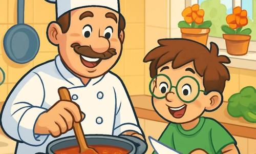 Ein Küchenchef, ein jovialer Mann von etwa 40 Jahren mit einem großen braunen Schnurrbart und funkelnden Augen, rührt in einem großen Topf mit Tomatensauce. Er trägt eine weiße Kochmütze und eine Kochjacke, und sein warmes Lächeln strahlt Stolz aus. Neben ihm beobachtet Max, ein 9-jähriger Junge mit zerzausten braunen Haaren und einer Brille, aufmerksam und hält ein Plastikmesser, um farbige Gemüse zu schneiden. Er wirkt neugierig und aufgeregt. Im Hintergrund ist eine geräumige, helle Küche zu sehen, gefüllt mit glänzendem Kochgeschirr, frischem Gemüse auf der Arbeitsplatte und Blumentöpfen auf dem Fensterbrett. Die Hauptsituation zeigt den Koch und Max bei der Zubereitung eines italienischen Gerichts, umgeben von einem verlockenden Duft von Tomaten und Kräutern, während Lachen in der Luft erklingt.