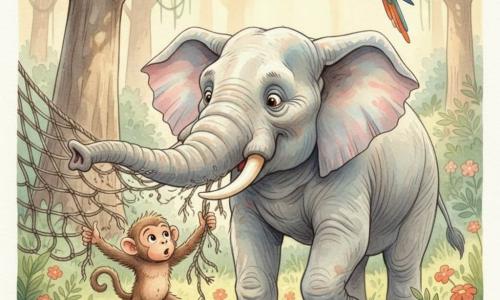 Un gran elefante gris claro de piel arrugada y mirada amable rompe con su trompa una gruesa cuerda de red para liberar a un pequeño mono marrón de pelaje erizado que, sorprendido y aliviado, se agarra al borde del tejido sobre un lecho de hojas; un loro colorido verde, rojo y amarillo lo observa desde una liana mientras la escena ocurre en un claro de la jungla africana con helechos, flores silvestres, baobabs y rayos de sol filtrándose entre el follaje.