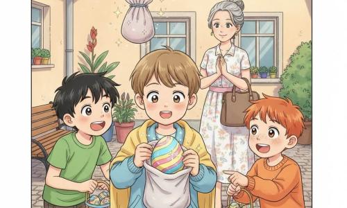 Cuatro personajes: Leo, niño de 8 años, cabello castaño claro corto, ojos curiosos, chaqueta azul celeste y una manta amarilla sobre los hombros, sostiene con delicadeza un gran huevo pintado en espirales de colores; Tomás, niño de 8 años, cabello negro alborotado, sonrisa amplia, camiseta verde, sostiene una pequeña cesta y está a la izquierda de Leo, inclinado y asombrado; Bruno, niño de 8 años, pelirrojo con pecas, sudadera naranja, a la derecha de Leo señalando excitado; Nora, mujer de unos 50 años, cabello gris recogido, vestido ligero floreado, detrás de los niños aplaudiendo y sonriendo con un gran bolso. Lugar: patio soleado de un edificio con suelo empedrado, macetas coloridas, banco de madera, mesa con otros huevos y chocolates, un tendedero de cuerdas blancas con pinzas de colores donde cuelga una bolsita de tela con el huevo especial; luz suave de media mañana y ambiente primaveral. Situación: los niños acaban de descubrir el huevo especial en la bolsita del tendedero; Leo abre la bolsita y revela un gran huevo pintado de azul, amarillo y rosa con una estrella plateada que brilla; expresiones de asombro y alegría, gestos de manos y cestas, y pequeñas partículas de polvo luminoso alrededor del huevo que sugieren una magia suave.