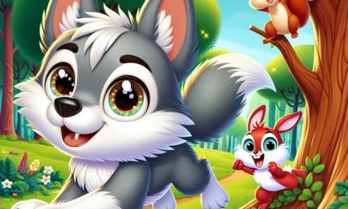 Un pequeño lobo de pelaje gris y suave, con grandes ojos brillantes de determinación, corre a toda velocidad a través de un bosque verde, su rostro expresa emoción y un toque de nerviosismo. A su lado, una ardilla de pelaje rojizo, con una cola espesa y ojos chispeantes de alegría, lo anima saltando de rama en rama, su sonrisa irradia apoyo. Un pequeño conejo blanco con grandes orejas, que parece muy entusiasmado, está justo detrás del lobo, listo para seguirlo, con una expresión de aliento en su rostro. El escenario es un bosque mágico, con árboles majestuosos de hojas verdes brillantes, rayos de sol filtrándose a través de las ramas, y un camino de tierra sinuoso que serpentea entre arbustos florecidos. La situación principal muestra al pequeño lobo a punto de superar un obstáculo, un tronco de árbol grande, con una multitud de animales al fondo que lo animan, ilustrando un momento de desafío y confianza en sí mismo.