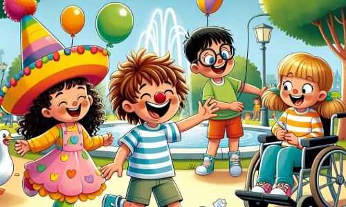 En un parque soleado, cuatro amigos se reúnen para una aventura. Lucas, un niño de 8 años con cabello castaño desordenado y una gran sonrisa, baila alegremente en el centro, llevando un enorme sombrero de payaso. A su derecha, Sofía, una niña de 7 años con cabello rubio y rizado, ríe a carcajadas, sosteniendo un pequeño trozo de pan para atraer a un pato. A la izquierda, Pedro, un niño de 9 años con gafas y cabello negro, observa atentamente el suelo, con un papel arrugado en la mano, listo para descifrar la próxima pista. Finalmente, Carla, una niña de 8 años en silla de ruedas, sonríe con entusiasmo, con su cabello castaño recogido en una coleta, sosteniendo un globo colorido. El parque está lleno de grandes árboles verdes, flores brillantes y una fuente centelleante en el centro, donde los niños juegan y ríen. Los amigos están en plena búsqueda de un tesoro misterioso, buscando pistas mientras bailan y ríen, con el sombrero de payaso como símbolo de su aventura alegre.
