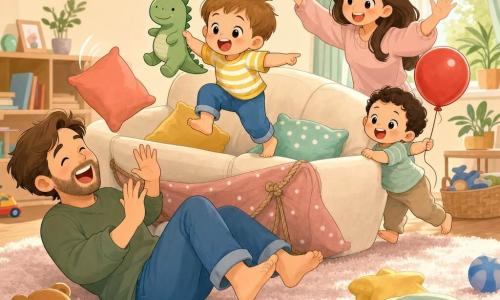Un bambino di 2 anni, Leo, gioioso e birichino, capelli castano chiaro corti, guance rotonde e occhi vivaci, tiene un piccolo dinosauro di peluche verde e salta su un divano; un fratellino di circa 1 anno, Nico, sorridente e entusiasta con capelli neri ricci, tiene un pallone rosso e spinge il divano come una barca accanto a Leo; la mamma trentenne con capelli lunghi sciolti sorride dolcemente dietro il divano con le mani alzate per incoraggiare; il papà trentenne con una leggera barba è seduto a terra in primo piano, ride facendo finta di essere rovesciato dal dinosauro; interno di un salotto accogliente con pareti crema, grandi finestre con tende pastello, tappeto soffice e cuscini colorati sparsi, giocattoli a terra; scena principale: i due fratelli trasformano il divano in una dolce barca di mare, espressioni di divertimento, movimento dinamico, colori caldi e texture tattili; stile visivo kawaii minimal con forme arrotondate, colori pastello morbidi, illuminazione calda e dettagli nitidi per buona leggibilità in piccolo formato.