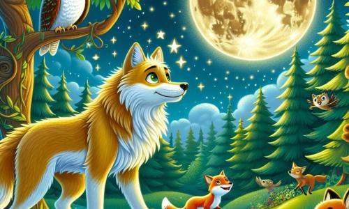 Un lupo di nome Leo, con un pelo dorato e occhi scintillanti, si trova sulla cima di una collina verde, guardando la luna piena che illumina la notte. La sua espressione è di meraviglia e determinazione, pronto a scoprire il segreto della luna. Accanto a lui, una volpe vivace di nome Vanessa, con un pelo rosso brillante e una coda folta, salta gioiosamente, guardando la luna con curiosità. Un saggio gufo di nome Guglielmo, con piume marroni e occhi acuti, è posato su un ramo, osservando la scena con aria pensierosa. Sullo sfondo, si estende una foresta incantata, con alberi maestosi e fiori colorati che illuminano il terreno. La scena emana un'atmosfera magica e avventurosa, mentre Leo e i suoi amici si preparano a svelare il mistero della luna.