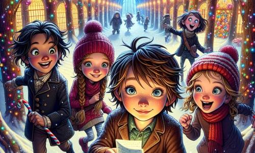 In an enchanted forest, four children stand together. Oliver, a 12-year-old boy with messy brown hair and sparkling eyes, holds a rolled-up letter in his hands, his face beaming with excitement. To his right, Lucy, an 11-year-old girl with braided blonde hair and rosy cheeks, smiles joyfully at Oliver. Max, a 12-year-old boy with round glasses and black hair, stands to Oliver's left, arms crossed and a determined look on his face. Finally, Sophie, a 10-year-old girl with curly brown hair and a red hat, jumps excitedly behind them.

The setting is a magical forest, where tall trees with thick trunks are covered in sparkling snow. Colorful lights shine between the branches, and snowflakes gently fall, creating a fairy-tale atmosphere. In the distance, a candy path leads to a illuminated village.

The main scene shows the children discovering a letter addressed to Santa Claus, filled with curiosity and adventure, ready to embark on a quest to deliver the message before Christmas.