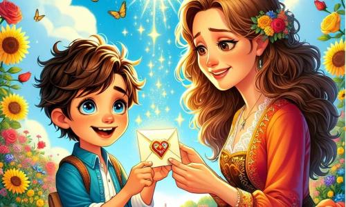 Un niño de 10 años, Lucas, con el pelo castaño desordenado y ojos brillantes de curiosidad, está en el centro de la imagen sosteniendo una carta mágica. Tiene una gran sonrisa en el rostro, lleno de emoción y amor. A su lado, su mamá, una mujer de unos treinta años con cabello largo y ondulado, vestida con un vestido colorido, lo mira con ternura, lista para abrazarlo. En el fondo, un hermoso jardín florecido se extiende, con rosas rojas, girasoles amarillos y mariposas revoloteando. El cielo es azul, salpicado de nubes blancas esponjosas, y un suave sol ilumina la escena, creando una atmósfera cálida y alegre. La situación principal muestra a Lucas, radiante de felicidad, entregando su carta a su mamá, quien se siente conmovida por este gesto. El amor y la magia del Día de la Madre flotan en el aire, haciendo de este momento algo inolvidable.
