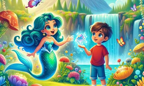 Una sirena llamada Marina, con hermosas escamas brillantes de color turquesa y cabello ondulado de un azul profundo, se encuentra alegremente al borde de una cascada resplandeciente. Su rostro expresa emoción y amabilidad, mientras extiende la mano hacia un niño llamado Lucas, de unos 8 años, que lleva una camiseta roja y un short de mezclilla. Lucas, con su cabello castaño desordenado y ojos llenos de curiosidad, mira a la sirena con asombro, listo para acompañarla en la aventura. El escenario es un bosque encantado, donde flores multicolores de formas extrañas crecen a su alrededor y mariposas luminosas danzan en el aire. En el fondo, se alza una majestuosa montaña, con suaves nubes flotando alrededor de su cima. La escena principal muestra a Marina y Lucas preparándose para buscar una concha mágica, que simboliza la amistad y la aventura, con destellos de luz mágica emanando de la concha que brilla en la mano de Lucas.