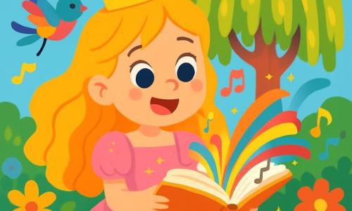 Una principessa dai capelli dorati, vestita con un abito di tulle rosa cosparso di piccole stelle scintillanti, sorride con meraviglia. I suoi occhi brillanti riflettono gioia e creatività mentre tiene un libro aperto, da cui fuoriescono colori vivaci e forme danzanti. Accanto a lei, un piccolo uccellino di carta, con ali multicolori, vola gioiosamente attorno a lei, aggiungendo un tocco di magia alla scena. Il contesto è un giardino incantato, pieno di fiori dai colori vivaci, grandi alberi con foglie dorate e un cielo blu chiaro punteggiato di nuvole soffici. Al centro, un vecchio salice con rami pendenti, come braccia accoglienti, sembra ascoltare attentamente la principessa. La scena principale mostra la principessa mentre crea oggetti magici con colori che escono dal libro, mentre risate e note musicali fluttuano nell'aria, trasformando il giardino in un luogo di gioia e immaginazione.