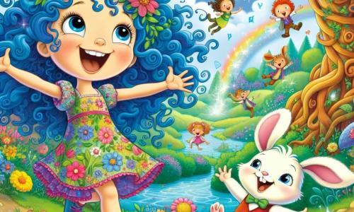 Una ragazza di 10 anni, Lella, con capelli ricci e blu elettrico, esprime grande curiosità e gioia sul suo viso. Indossa un vestito colorato a fiori e si trova in piedi, con le braccia aperte, nel mezzo di una foresta incantata. Accanto a lei, un coniglietto di nome Baffone, di circa 5 anni, vestito con un gilet rosso, salta allegramente ridendo, con le sue grandi orecchie dritte. Il paesaggio è una foresta magica, dove gli alberi dai tronchi contorti sembrano danzare e fiori multicolori sbocciano sotto un cielo soleggiato, punteggiato di nuvole sorridenti. In lontananza, un ruscello scintilla e pesci volanti saltano felici nell'aria. La scena principale mostra Lella e Baffone che ballano e ridono insieme, circondati da animali incantati che li incoraggiano, mentre cercano la corona perduta del re in un'atmosfera ludica e fantastica.