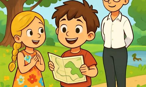 Es gibt drei Charaktere: Leo, ein 8-jähriger Junge mit zerzausten braunen Haaren und neugierigen Augen. Er trägt ein rotes T-Shirt mit einem Dinosaurier und eine blaue Shorts. Leo steht in der Mitte, lächelnd, mit einer Karte in den Händen. Mia, ein 8-jähriges Mädchen mit langen, geflochtenen blonden Haaren, trägt ein buntes Blumenkleid und Sandalen. Sie steht neben Leo und schaut ihn bewundernd an, bereit, ihn zu ermutigen. Frau Müller, eine Frau in den Vierzigern mit braunen, hochgesteckten Haaren und runden Brillen, trägt eine weiße Bluse und schwarze Hosen. Sie steht etwas weiter hinten, lächelnd, und schaut Leo und Mia stolz an. Der Ort ist ein grüner Park mit majestätischen Bäumen und leuchtend grünen Blättern. In der Ferne sieht man eine große Eiche, ein Symbol der Weisheit, und einen kleinen Teich mit schwimmenden Enten. Der Boden ist mit weichem Gras und bunten Blumen bedeckt, was eine fröhliche und einladende Atmosphäre schafft. Die Hauptsituation zeigt Leo, der mit seiner Karte seine Freunde durch den Park führt. Er wirkt entschlossen und begeistert, während Mia ihn mit einem Lächeln ermutigt. Frau Müller beobachtet sie wohlwollend und schafft eine Szene von Kameradschaft und Entdeckung.
