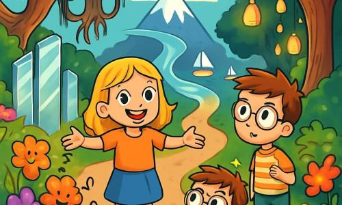 A 10-year-old girl, Lila, with honey-golden hair and sparkling curious eyes, stands in the center of a magical garden. She has a wondrous smile and her arms are open, as if she wants to embrace the world around her. Next to her, an 8-year-old boy with tousled hair and round glasses watches in fascination as the singing flowers bloom. He wears a striped t-shirt and shorts, looking ready to ask a question. The garden is enchanting, filled with colorful flowers that vibrate with soft music. Trees with roots suspended in the air create a green sky, while a silver brook flows backward, carrying glowing boats. Lila, awestruck, stands before three mysterious paths: one of shimmering mirrors, another leading to a mountain hidden in the clouds, and the last disappearing into a forest of floating lanterns. She hesitates, ready to choose her adventure.