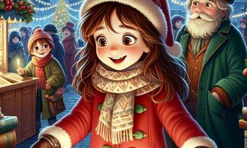 In einer zauberhaften Weihnachtskulisse steht das 11-jährige Mädchen Lilly im Mittelpunkt. Sie hat lange braune Haare, neugierige Augen und trägt einen leuchtend roten Mantel mit einem weißen Wollschal. Ihr Gesicht strahlt immense Freude und spürbare Aufregung aus, während sie eine alte Karte in ihren Händen entdeckt. Neben ihr bewundert ihr 8-jähriger Bruder Max mit kastanienbraunen Haaren und rosigen Wangen die Karte. Er trägt eine Weihnachtsmütze und einen blauen Mantel, steht etwas im Hintergrund mit weit aufgerissenen Augen, bereit für das Abenteuer. Im Hintergrund lächelt ein alter Mann mit weißem Bart in einem grünen Samtmantel, während er Lilly und Max beobachtet, nahe einem Stand mit alten Büchern und Karten, was der Szene einen Hauch von Geheimnis verleiht. Der Ort ist ein lebhafter Weihnachtsmarkt, erleuchtet von funkelnden Lichtern. Bunte Stände mit festlicher Dekoration umgeben die Szene, während sanft Schneeflocken vom sternenklaren Himmel fallen und eine magische Atmosphäre schaffen. Lilly ist begeistert von der geheimnisvollen Karte, die sie zu einem versteckten Schatz führen wird, umgeben von der Aufregung des Abenteuers und der Magie von Weihnachten.