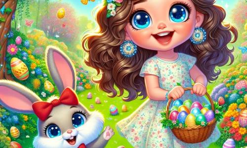 A 10-year-old girl named Lily, with sparkling blue eyes and curly brown hair, joyfully smiles while holding a basket filled with colorful eggs. She wears a light floral dress and sandals, positioned at the center of the image, surrounded by magic and vibrant colors. Next to her is an adorable little rabbit named Mr. Fluffington, with soft, fluffy fur and a red bow tie, happily hopping with his large ears perked up, seemingly encouraging Lily in her quest. In the background, the garden is a true spring tableau, with bright flowers, trees adorned with colorful garlands, and a sunny blue sky. Butterflies flutter around, adding a touch of magic to the scene. The main focus shows Lily and Mr. Fluffington in the midst of an Easter egg hunt, with sparkling eggs hidden among the flowers and bushes. The atmosphere is joyful and festive, filled with laughter and discoveries.