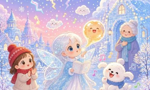 A fada Liri, pequena fada do frio de rosto redondo, olhos brilhantes e cabelos brancos como neve em mechas finas, com asas translúcidas de cristal, sorri serena e soprando uma bolha dourada de riso ao céu enquanto segura um pequeno livro branco aberto que emite desenhos luminosos; à esquerda, uma menina de cerca de 7 anos de bochechas rubras e gorro vermelho olha maravilhada e bate palmas, à direita um cão de neve fofo e branco pula emitindo pequenas notas musicais visíveis como traços coloridos, e ao fundo uma senhora da aldeia de cerca de 70 anos com cachecol azul está junto a uma casa de gelo sorrindo e pousando a mão no coração; a cena passa-se num vilarejo nevado ao crepúsculo — casas de gelo de telhados arredondados, árvores cobertas de geada, um rio prateado parcialmente congelado que reflete guirlandas de luz e nuvens fofas — enquanto Liri acalma uma tempestade mágica: nuvens se arredondam e sorriem, relâmpagos se transformam em notas coloridas, flocos caem como confetes, criando uma atmosfera calorosa e luminosa apesar da neve.