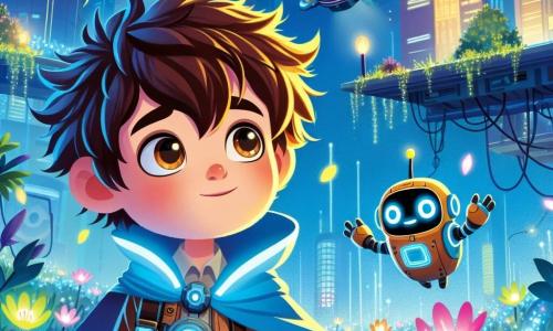 Um menino de 6 anos, Lucas, com cabelos castanhos bagunçados e olhos brilhando de curiosidade, está em um jardim futurista, seu rosto iluminado pelo espanto. Ele veste uma capa de exploração azul que flutua levemente atrás dele. Ao seu lado, um pequeno robô de formas arredondadas, com luzes piscantes e um sorriso amigável, cava um buraco perto de flores fosforescentes que brilham no escuro. O jardim está suspenso no ar, cercado por edifícios de fachadas cintilantes e carros voadores que deslizam em um céu azul radiante. Lucas se aproxima do robô, intrigado, enquanto pétalas luminosas caem suavemente ao seu redor, criando uma atmosfera mágica e misteriosa.