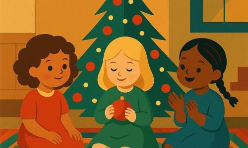 Há 3 personagens: Lia, de 2 anos, com cabelos castanhos cacheados, meias verdes e vestido vermelho, sentada no tapete perto da árvore de Natal. Bia, de 2 anos, com cabelos loiros lisos, meias douradas e vestido verde, sentada ao lado de Lia, segurando uma bola de Natal. Ju, de 2 anos, com cabelos pretos em pequenas tranças, meias vermelhas e vestido azul, sentada ao lado de Bia, aplaudindo alegremente. O local é uma sala acolhedora com um grande tapete colorido no centro. No canto, há uma árvore de Natal decorada com bolas vermelhas e uma estrela brilhante no topo. Luzes piscam suavemente ao redor da árvore. A cena principal mostra as três meninas sentadas juntas no tapete, cercadas de brinquedos e decorações natalinas, olhando maravilhadas para as luzes piscantes da árvore, com sorrisos radiantes em seus rostos. Uma atmosfera de festa e magia de Natal preenche a sala.