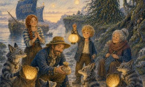 The main character is Captain Milo Tipple, a gentle-smiling, loving-eyed man in a weathered wide-brimmed hat and blue jacket with gold buttons, kneeling on wet sand offering a small sugar pouch as an offering, warm-faced and bright-eyed; behind him stands First Mate Bea, ~30, auburn braided hair and striped shirt, hands clasped, proud and encouraging; beside Milo is Finn, ~12, tousled blond hair and simple jacket, holding a rescued lantern aloft, brave and smiling; Old Jo, ~65, gray hair in a bun and knitted scarf, sits on a stump with knitting needles, tender and content; a group of striped, bell‑tailed Storm Foxes—some around Milo, others holding open sacks with glowing lanterns—are shy and curious; the Storm Hag, tall and mysterious with cloudlike dark hair and a coat of kelp, stands at the fogline on a cliff, imposing but hesitant, eyes faintly glowing; the setting is a small misty island with wet sand, mossy rocks, twisted lichen-covered trees, a low cliff over calm sea, low floating lanterns like small moons, and the blue-sailed ship Merry Gull anchored in the background; the scene shows reconciliation as Milo offers sugar and reaches toward the foxes while Finn raises the rescued lantern, Bea and Old Jo smile, the Storm Hag watches from the fog, lanterns regaining their light—soft mood, warm colors, visible pencil textures and gentle outlines.