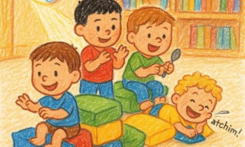 Quatro crianças: Léo (4 anos), cabelo castanho curto, camiseta azul, sentado na frente do 