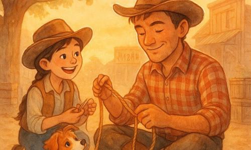 Ein sonnengebräunter Cowboy, lächelnd und konzentriert, mit kurzem kastanienbraunem Haar unter einem braunen Filzhut und kariertem Hemd, sitzt auf dem staubigen Marktplatz des Wilden Westens und flechtet und repariert zusammen mit einem etwa 12-jährigen, lebhaften Cowgirl mit geflochtenen braunen Haaren und hellem Lederwams ein goldenes Lasso; sie reicht ihm eine Werkzeugkiste und hält eine starke Nähleine, während ein kleiner rot-weiß behaarter Hund freudig den Schwanz wedelt und eine Pfote auf sein Knie legt; im Hintergrund Holzhäuser, ein „Bazar“-Schild, Holzkisten und ein großer schattenspendender Baum, alles im warmen orangen Licht der Dämmerung, Staubpartikel in der Luft und eine Atmosphäre von Kameradschaft und handwerklicher Arbeit.