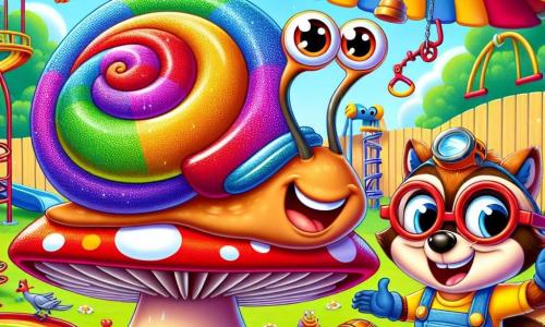 A snail named Sammy, with a shiny, colorful shell, is quickly moving on a mushroom-shaped trampoline, displaying a big joyful smile and sparkling eyes of excitement. Next to him, Mr. Wobble, an inventive raccoon with round glasses and a tool-filled apron, adjusts his strange machine, the Spring-O-Matic, which sparkles in the sun. In the background, a vibrant playground is filled with colorful swings, spiral slides, and flying ducks, creating a festive atmosphere. The scene shows Sammy having fun, surrounded by animal friends who are laughing and jumping, while fluffy clouds float in a bright blue sky.