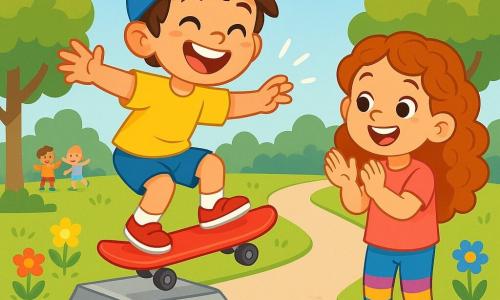 A 6-year-old boy, Leo, with messy brown hair and a big smile radiating excitement, is jumping on his bright red skateboard. He wears a blue cap and a yellow t-shirt, his eyes shining with joy. Next to him is his best friend Mia, a 6-year-old girl with long curly hair, wearing a pink t-shirt and colorful leggings. She is cheering for Leo with a big smile, her eyes sparkling with encouragement. The scene takes place in a sunny park, with lush green trees and a smooth concrete path. Children are playing in the distance, and colorful flowers line the path. Leo is on a small skate ramp, ready to perform a trick, while Mia stands beside him, ready to support him. The atmosphere is joyful and dynamic, filled with laughter and camaraderie.