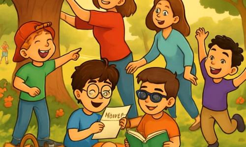 Hay 4 niños: Esteban, un niño de 10 años con cabello castaño desordenado y gafas redondas, que lee una carta con una gran sonrisa, sentado sobre una manta de picnic. Santiago, un niño de 9 años con una gorra roja al revés y cabello rubio, que ríe y señala un árbol donde su mamá busca su tesoro. Lucas, un niño de 10 años con cabello castaño y gafas de sol, sentado junto a Esteban, sosteniendo un libro abierto, ansioso por ver la reacción de su mamá. Javier, un niño de 9 años con cabello negro y ojos brillantes, que salta de alegría al ver a su mamá descubriendo su tesoro escondido. El lugar es un parque verde iluminado por la luz dorada, con grandes árboles y flores coloridas. Una manta de picnic está extendida en la hierba, llena de deliciosos bocadillos y bebidas. En el fondo, se ven niños jugando y familias disfrutando del día soleado. Las mamás están en plena búsqueda del tesoro, cada una con una sonrisa maravillada, mientras los niños las animan, creando una atmósfera de felicidad y amor.