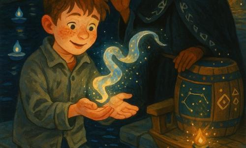 A 10-year-old boy, awed and focused, round face with freckles, messy brown hair, oil-stained gray canvas jacket and slightly scraped knees, gently holds a small luminous ribbon-like creature called a Lumen in his palm and watches it with bright eyes; a secondary human figure, a hooded man (~40) in a dark coat with silver runes, stands on the carved wooden deck of a small boat, smiling softly and reaching a hand near the boy as if blessing the scene; the Lumen is a translucent, shimmering pale-blue-and-gold ribbon of light emitting tiny motes. The setting is a midnight-black canal dotted with thousands of tiny glowing particles, wet stone quays, floating blue oil lamps, and a wooden barge engraved with luminous symbols and a barrel decorated with a star map in the background. The boy releases the Lumen onto a silver-current ribbon that sparkles on the water, casting glittering reflections on the characters' faces, light flares around the barrel, and an atmosphere blending ancient technology with stellar magic.