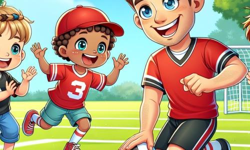 Ein Mann, Tom, steht lächelnd im Mittelpunkt des Bildes. Er hat kurze, lockige Haare, trägt ein rotes Fußballtrikot und schwarze Shorts und zeigt den Kindern, wie man mit einem Fußball dribbelt. Seine Augen strahlen Freude und Leidenschaft für das Spiel aus. Rechts von ihm versucht ein etwa 8-jähriger Junge mit einer roten Mütze, mit einem breiten Lächeln auf dem Gesicht, den Ball zu dribbeln. Links von ihm applaudiert ein 7-jähriges Mädchen mit Zöpfen in einem blauen T-Shirt und ermutigt ihre Freunde mit funkelnden Augen vor Aufregung. Die Szene spielt auf einem sonnigen Schulhof, umgeben von bunten Blumen und großen grünen Bäumen. Der Boden ist mit frischem Gras bedeckt, und im Hintergrund ist ein Fußballtor sichtbar, bereit für die Schüsse der Kinder. Tom gibt den Kindern Ratschläge, die fröhlich Fußball spielen, lachen und sich gegenseitig anfeuern, was eine Atmosphäre von Kameradschaft und Glück schafft.