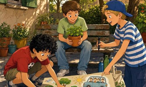 Três meninos de 11 anos: um sentado no banco de madeira ao centro, cabelo castanho curto, camiseta verde-claro e jeans desbotado, segurando um vaso de manjericão e sorrindo; à esquerda, um menino de cabelo preto e encaracolado, camiseta vermelha com desenho de bola e short cáqui, agachado a colar imagens e autocolantes num grande cartaz colorido; à direita, um menino loiro com boné azul ao contrário e camiseta às riscas azul e branca, em pé a apontar com um marcador para um desenho de carro com três pessoas. Cena num pequeno pátio urbano ensolarado com chão de cimento racheado, banco velho, vasos alinhados, janela com estores verdes e três árvores altas ao fundo; alguns cantis reutilizáveis e uma bolsa de tecido ao lado do banco. Os três criam juntos um cartaz escolar sobre ecologia — tesouras, recortes de revistas, marcadores coloridos e o vaso de manjericão em primeiro plano — com ambiente alegre e concentrado, cores vivas (verdes, amarelos, vermelhos) e texturas visíveis; estilo banda desenhada franco-belga, traços nítidos e sombreamento suave.