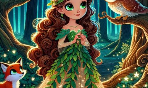 Aurora, uma jovem de cabelos longos e ondulados, castanhos como a casca das árvores, está no centro da cena, seu rosto iluminado por uma luz de esperança e determinação. Ela usa um vestido fluido feito de folhas verdes e douradas, e em suas mãos, segura um cajou de raízes, símbolo de sua conexão com a natureza. Ao seu lado, um pequeno raposo de olhos brilhantes e pelagem avermelhada, chamado Flamme, observa atentamente, com as orelhas em pé, pronto para ajudá-la em sua busca. Uma coruja sábia, empoleirada em um galho acima deles, observa com curiosidade, suas penas brancas e marrons se misturando nas sombras da noite. A cena se passa na misteriosa Floresta do Luar, onde majestosas árvores de troncos grossos se erguem em direção ao céu estrelado, suas folhas brilhando como diamantes sob a luz das luas gêmeas. Flores luminescentes iluminam o chão, e uma suave brisa faz as ramificações dançarem. Aurora se prepara para escolher um dos três caminhos luminosos à sua frente, cada um vibrando com uma energia diferente, enquanto o vento murmura segredos antigos, convidando-a a iniciar sua aventura para despertar o Coração da Terra.