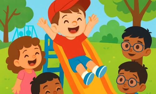 A 4-year-old boy, Ben, with brown hair and a big joyful smile, is wearing a red cap and sliding down a slide with his arms raised in excitement. Next to him, a 4-year-old girl, Mia, with curly hair and a pink dress, is laughing while waiting for her turn. A 4-year-old boy, Ali, wearing shiny green shoes and with caramel skin, is clapping at the bottom of the slide, ready to cheer on his friends. Another boy, Raj, also 4 years old, wearing glasses and a blue coat, stands a bit back, smiling shyly while watching Ben and Mia. The scene takes place in a sunny park filled with greenery, featuring vibrant green trees and colorful flowers, with swings and other children playing in the background, creating a joyful and lively atmosphere. The main focus is on Ben and his friends having fun together on the slide, sharing laughter and smiles, showcasing the beauty of friendship and diversity.