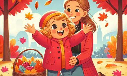 A 2-year-old girl with curly golden hair and a bright smile is picking colorful autumn leaves in a park. She wears a red jacket and a yellow wool hat, her eyes shining with joy. Next to her, her mother, a woman in her 30s with brown hair in a bun and a warm smile, watches her tenderly while holding a wicker basket filled with apples. She is kneeling a few steps away from her daughter in an encouraging posture. The park is filled with trees displaying vibrant red, orange, and yellow leaves, the ground covered with fallen leaves, and the sky is a clear blue with fluffy white clouds. The main scene shows the little girl in awe, raising her arms to catch a gently falling leaf, while her mother smiles, sharing this magical moment of discovery and happiness together.