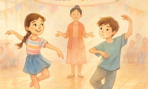 Lucía, niña de 10 años, radiante y segura, cabello castaño oscuro en trenza, vestido de baile colorido (falda vaquera corta, camiseta de rayas), en pirueta de puntillas, sonrisa amplia y ojos brillantes; Alex, niño de 10 años que se presenta como no binario, rostro dulce, corte de pelo corto y en capas, pantalón suelto y camiseta holgada, junto a Lucía ejecutando un gran paso moderno, mirada concentrada y gestos gráciles; la señorita Marisol, mujer de unos 30 años, piel clara, cabello negro en moño, sonriente y con las manos abiertas en gesto de ánimo, junto a una gran pancarta; el gimnasio escolar luminoso con suelo de madera pulida, la pancarta “Bienvenidos al Taller de Danza”, guirnaldas de papel, globos pastel y espectadores difuminados; situación: Lucía y Alex bailan juntos en el centro del gimnasio ante el público, movimientos sincronizados y alegres, luces suaves en diagonal, atmósfera de amistad, inclusión y celebración visible en gestos y sonrisas.