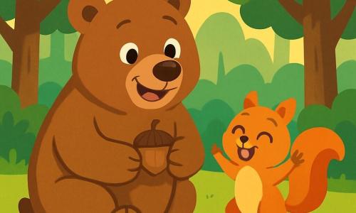 A big, strong bear with soft brown fur smiles joyfully while holding a small hazelnut in its paws. Its eyes shine with kindness and enthusiasm. Next to it, a little squirrel with sparkling eyes and reddish fur jumps for joy, raising its tiny paws in the air. In the background, a lush forest with tall trees and shiny leaves, and a ground covered in soft green grass. Sunlight filters through the branches, creating dancing shadows. The bear helps the squirrel find its hazelnut, surrounded by a warm and friendly atmosphere.