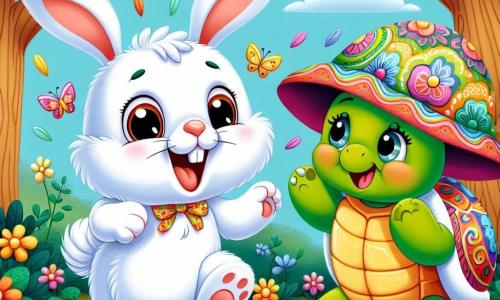 A little rabbit named Benny, with soft fluffy white fur, big expressive ears, and a joyful smile, is jumping in the air with colorful shimmering wings, laughing with happiness. Next to him, a turtle named Tilly, wearing a large colorful hat and having a shell adorned with cheerful patterns, looks at Benny with an amused smile, her eyes sparkling with excitement. The scene takes place in a sunny forest filled with thick-trunked trees and bright green leaves, with colorful flowers dancing in the breeze. In the distance, a light blue sky is dotted with fluffy white clouds. Benny, the rabbit, is joyfully soaring through the air while Tilly encourages him with playful gestures, creating a fun and magical atmosphere.