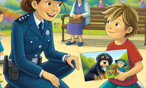 Eine lächelnde Polizistin, Anna, steht im Mittelpunkt des Bildes. Sie ist eine Frau in ihren Dreißigern mit braunen, zu einem Dutt gebundenen Haaren und trägt eine marineblaue Uniform mit einem glänzenden Abzeichen. Ihr Gesicht strahlt Entschlossenheit und Freundlichkeit aus, während sie sich zu einem etwa 8-jährigen Jungen namens Leo hinunterbeugt. Leo hat zerzauste blonde Haare und trägt ein rotes T-Shirt mit einem Hundemotiv. Er hält eine bunte Zeichnung seines Hundes Charlie in der Hand und hat ein hoffnungsvolles Lächeln im Gesicht. Im Hintergrund sitzt eine ältere Dame auf einer Bank, mit Brille und Strohhut, und beobachtet die Szene mit einem wohlwollenden Lächeln. Der Park ist grün, voller bunter Blumen und majestätischer Bäume, mit spielenden Kindern in der Ferne. Die Hauptsituation zeigt Anna und Leo, die nach Charlie, Leos kleinem Hund, suchen, der verloren gegangen ist. Anna erklärt Leo mit ermutigendem Ausdruck, wie sie Passanten befragen werden, um seinen vierbeinigen Freund zu finden.