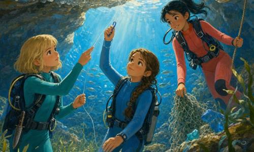 Drei Mädchen in Taucheranzügen arbeiten in einer felsigen Unterwasserhöhle, beleuchtet von blauen und goldenen Sonnenstrahlen, um Meeresbewohner zu befreien: ein etwa 10-jähriges Mädchen mit braunen Zöpfen und hellblauem Anzug steht vorn und löst vorsichtig mit einem kleinen Haken einen Plastikfaden von einer großen glänzenden Blase, ein etwa 11-jähriges Mädchen mit blondem Bob und türkisfarbenem Anzug steht links und stabilisiert den Faden mit zwei Fingern, ein etwa 12-jähriges Mädchen mit schwarzer Pferdeschwanz und korallfarbenem Anzug hält rechts eine Sicherungsleine und hebt ein Stück Netz- oder Plastikreste auf; Umgebung: niedrige graue Felsdecke mit zahlreichen durchsichtigen Blasen, wiegende grüne Algen, silbrig schimmernde Fischschwärme, Muscheln, vereinzelte Netzreste und helles Sandbett, ruhige Atmosphäre, gesättigte Farben und sichtbare Texturen.
